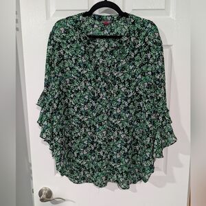 Vince Camuto Green and Black Floral Ruffled Sleeve Blouse in Size XXL